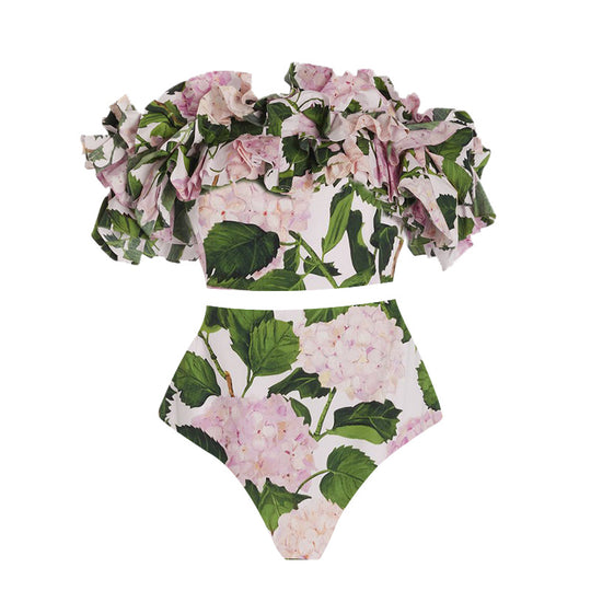 Damen Einteiler Badeanzug mit voluminösen Rüschendetails und floralem Design R&B