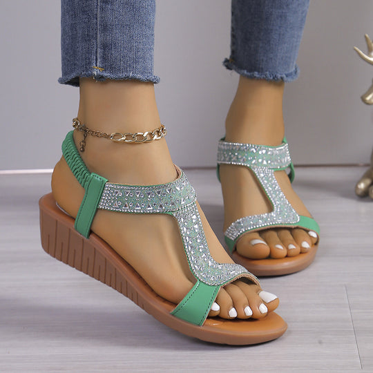 Damen elegante Riemchen-Sandalen mit funkelnden Strassverzierungen und rutschfester Sohle R&B