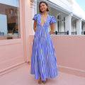 Damen Maxikleid mit tiefem V-Ausschnitt und voluminösen Puffärmeln R&B