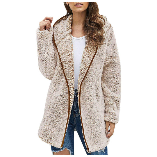 Damen Flauschige Kapuzenjacke im oversized Schnitt mit Eingrifftaschen und Reißverschluss R&B