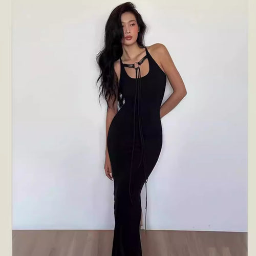 Damen elegantes Maxikleid mit verstellbaren Trägern und raffiniertem Ausschnitt R&B