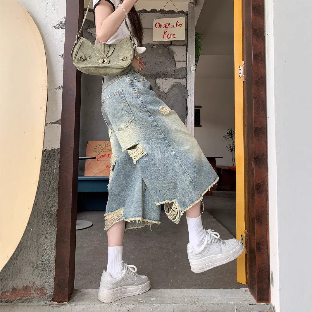 Damen Weite Denim-Culotte mit modischen Rissdetails und lässigem Schnitt R&B