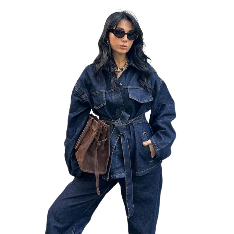 Damen lässige Denim-Jacke mit Gürtel und weitem Schnitt R&B
