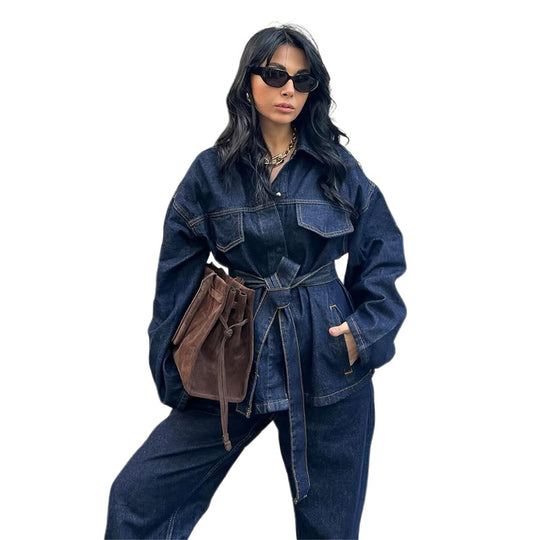 Damen lässige Denim-Jacke mit Gürtel und weitem Schnitt R&B