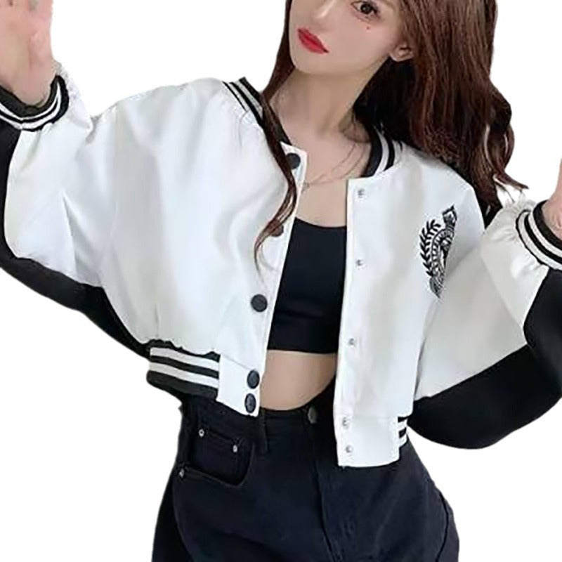 Damen lässige Collegejacke mit gesticktem Logo und kontrastierenden Ärmeln