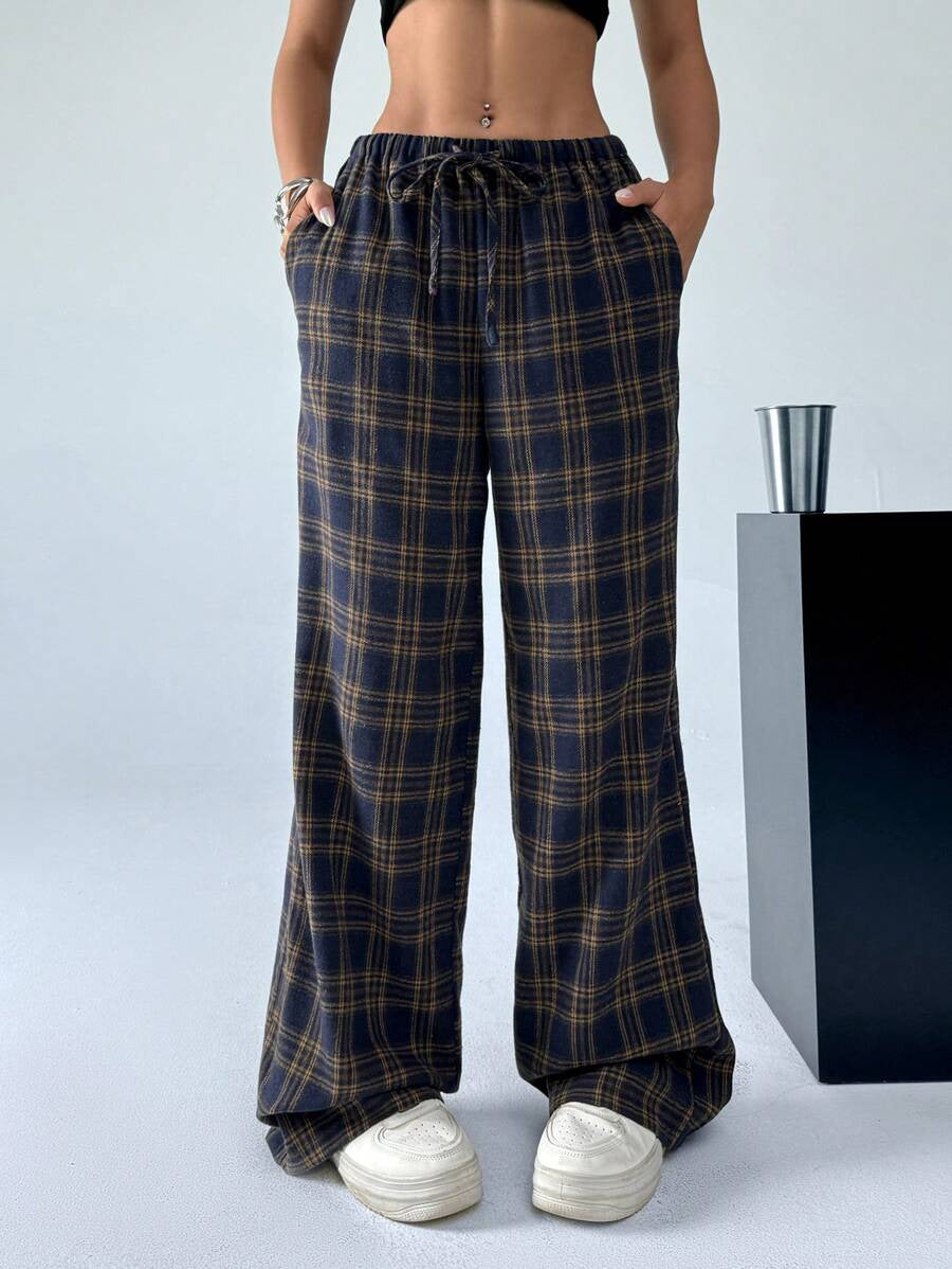 Damen lässige Karohose mit elastischem Bund und Kordelzug R&B