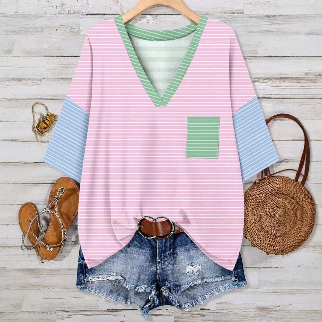Damen lässiges V-Neck T-Shirt mit Streifen-Design R&B