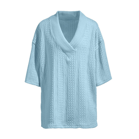 Damen nan weiter Kurzarm-Strickpullover mit Schalkragen und Zopfmuster R&B