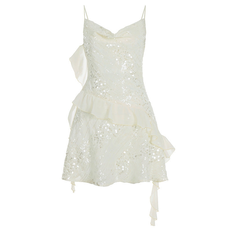 Damen Glänzendes Cocktailkleid mit Rüschendetails und Spaghettiträgern R&B