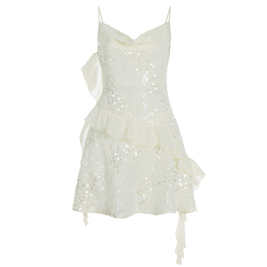Damen Glänzendes Cocktailkleid mit Rüschendetails und Spaghettiträgern R&B