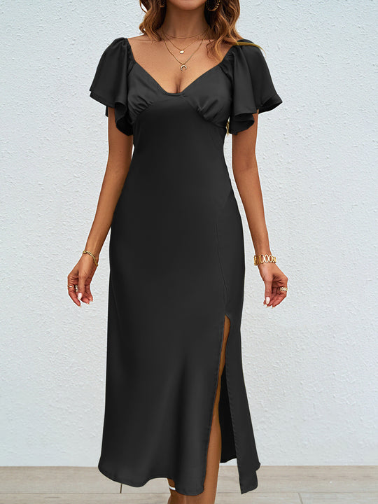 Damen Maxikleid mit eleganten Puffärmeln und seitlichem Schlitz R&B