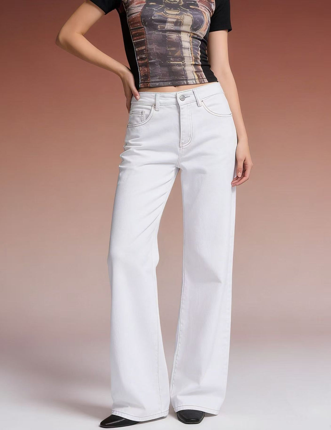Damen weite Denim-Hose mit Vintage-Waschung und hoch geschnittenem Bund R&B