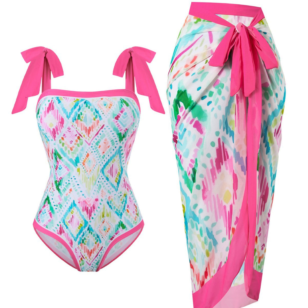Damen Badeanzug mit floralem Design und transparentem Wickelrock R&B