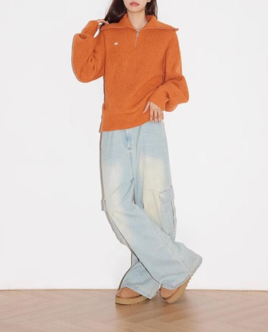 Damen gemütlicher Pullover mit hohem Kragen und Reißverschluss R&B