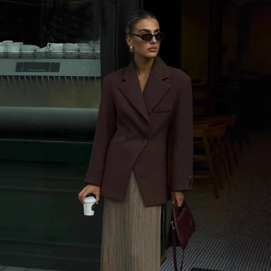 Damen elegante Oversized-Blazerjacke mit doppelter Knopfleiste und Taschen R&B