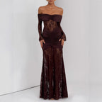Damen Elegantes Spitzen-Maxikleid mit elegantem Off-Shoulder Design und Raffungen R&B