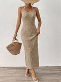 Damen elegantes Strick-Maxikleid mit seitlichen Schlitzen R&B