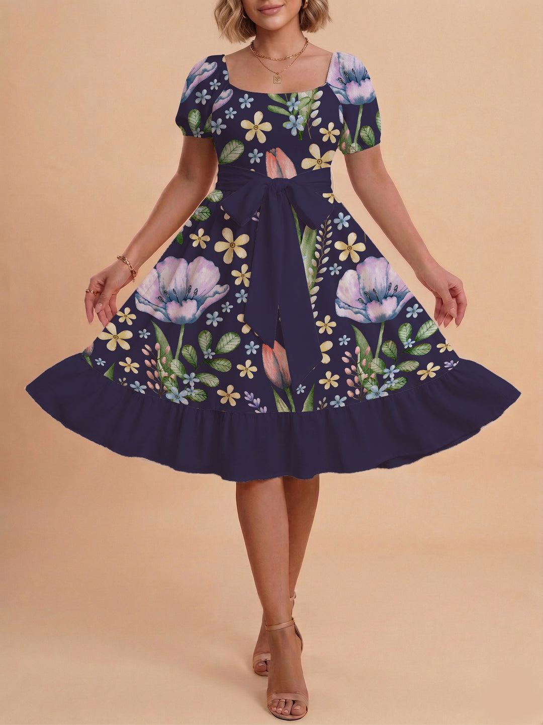 Damen Blumenkleid mit taillierbarem Gürtel und voluminösen Ärmeln R&B