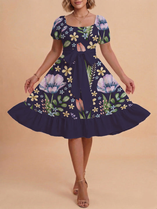 Damen Blumenkleid mit taillierbarem Gürtel und voluminösen Ärmeln R&B