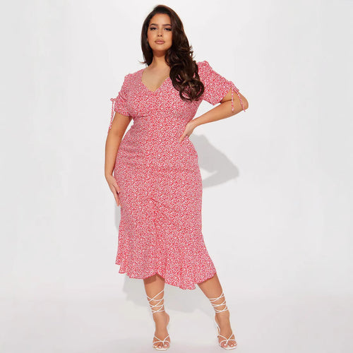 Damen Midi-Kleid mit floralen Mustern und luftigen Rüschendetails R&B