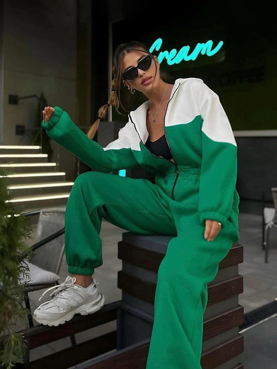 Damen Sportliche Fleecejacke und Hose Set mit Kontrastbesätzen R&B