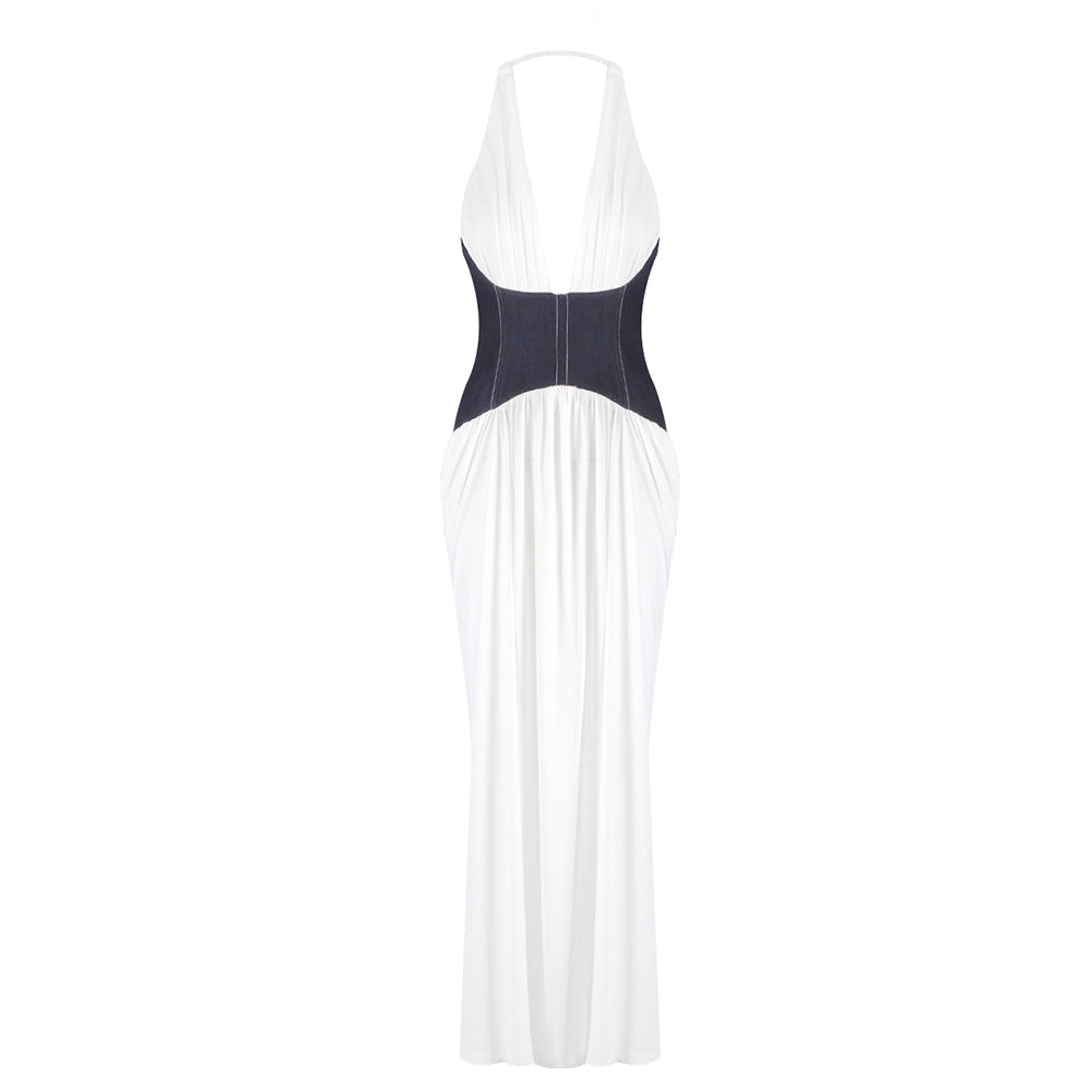 Damen Elegantes Maxi-Kleid mit tiefem V-Ausschnitt und taillierter Taille R&B