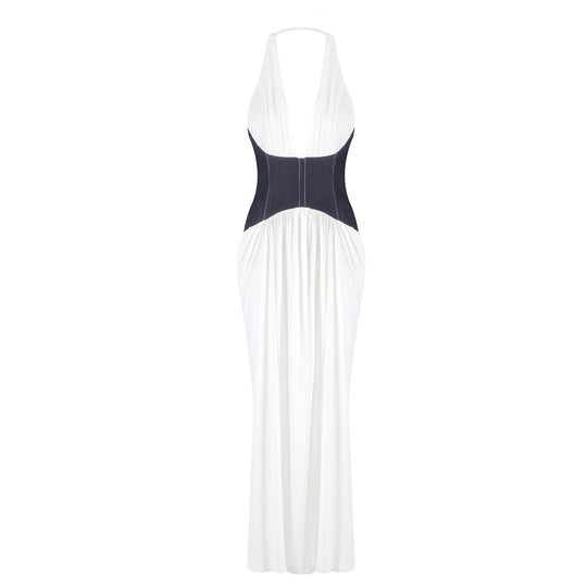 Damen Elegantes Maxi-Kleid mit tiefem V-Ausschnitt und taillierter Taille R&B