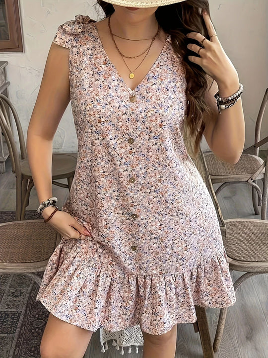 Damen kurzes Sommerkleid mit Rüschendetails und Knopfleiste R&B