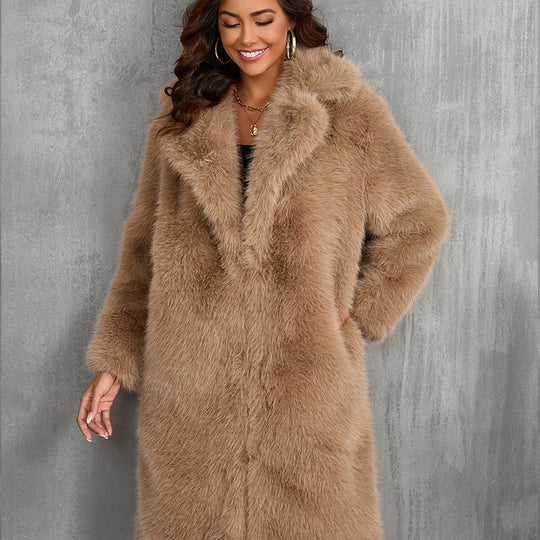 Damen Eleganter Kunstpelzmantel mit breitem Revers und lockerem Schnitt R&B
