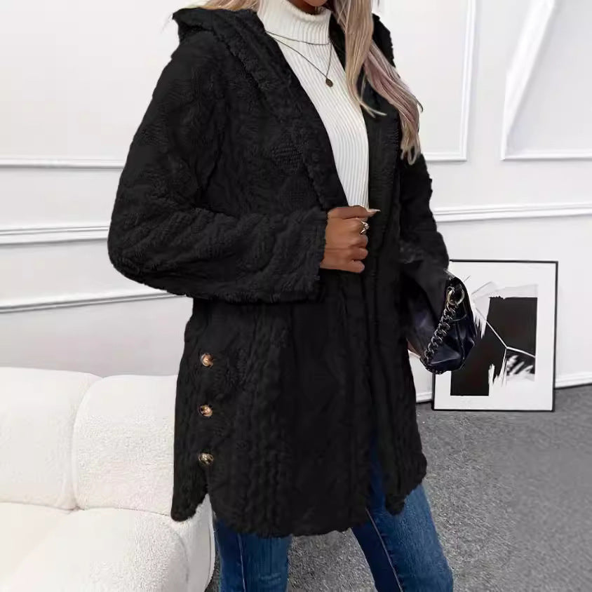 Damen Kuschelige Jacke mit Kapuze und Knopfdetails