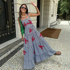 Damen Maxikleid mit Karo-Muster und lR&Bhaften gestickten Krabbenmotiven R&B