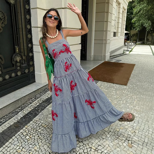 Damen Maxikleid mit Karo-Muster und lebhaften gestickten Krabbenmotiven R&B
