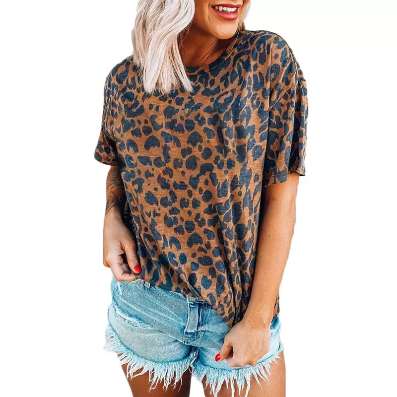 Damen lässiges Leoprint T-Shirt mit weichem Stoff und lockerer Passform R&B