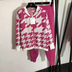 Damen modisches Strick-Loungewear-Set mit auffälligem Hahnentrittmuster R&B