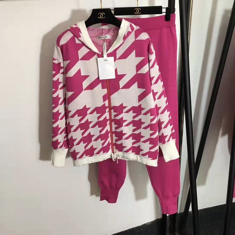 Damen modisches Strick-Loungewear-Set mit auffälligem Hahnentrittmuster R&B