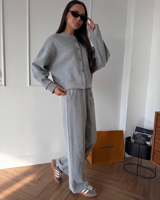 Damen Komfortables Lounge-Set mit Knopfdetails und elastischen Bündchen R&B