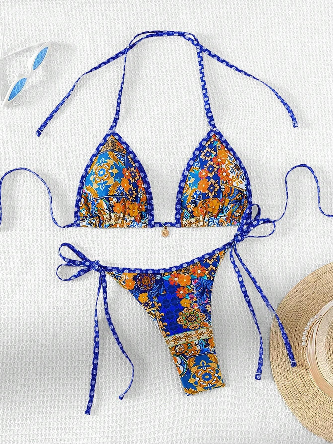 Damen Triangel-Bikini mit buntem floralen Mustermix und verstellbaren Trägern R&B