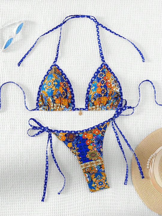 Damen Triangel-Bikini mit buntem floralen Mustermix und verstellbaren Trägern R&B