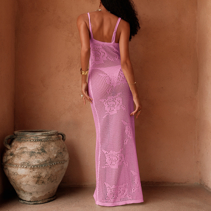 Damen Häkel-Maxi-Kleid mit transparentem Design und floralem Muster R&B