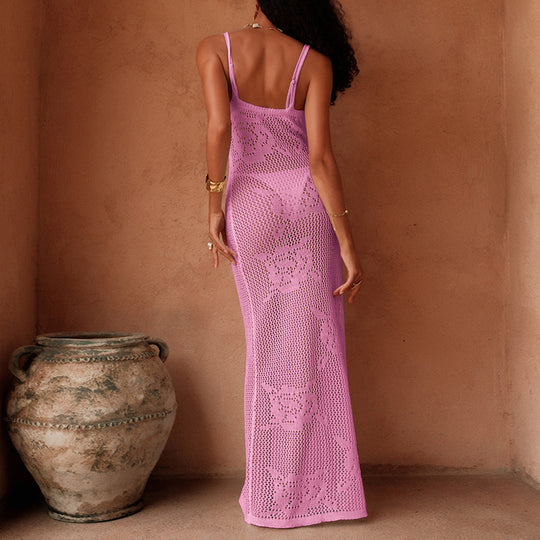 Damen Häkel-Maxi-Kleid mit transparentem Design und floralem Muster R&B