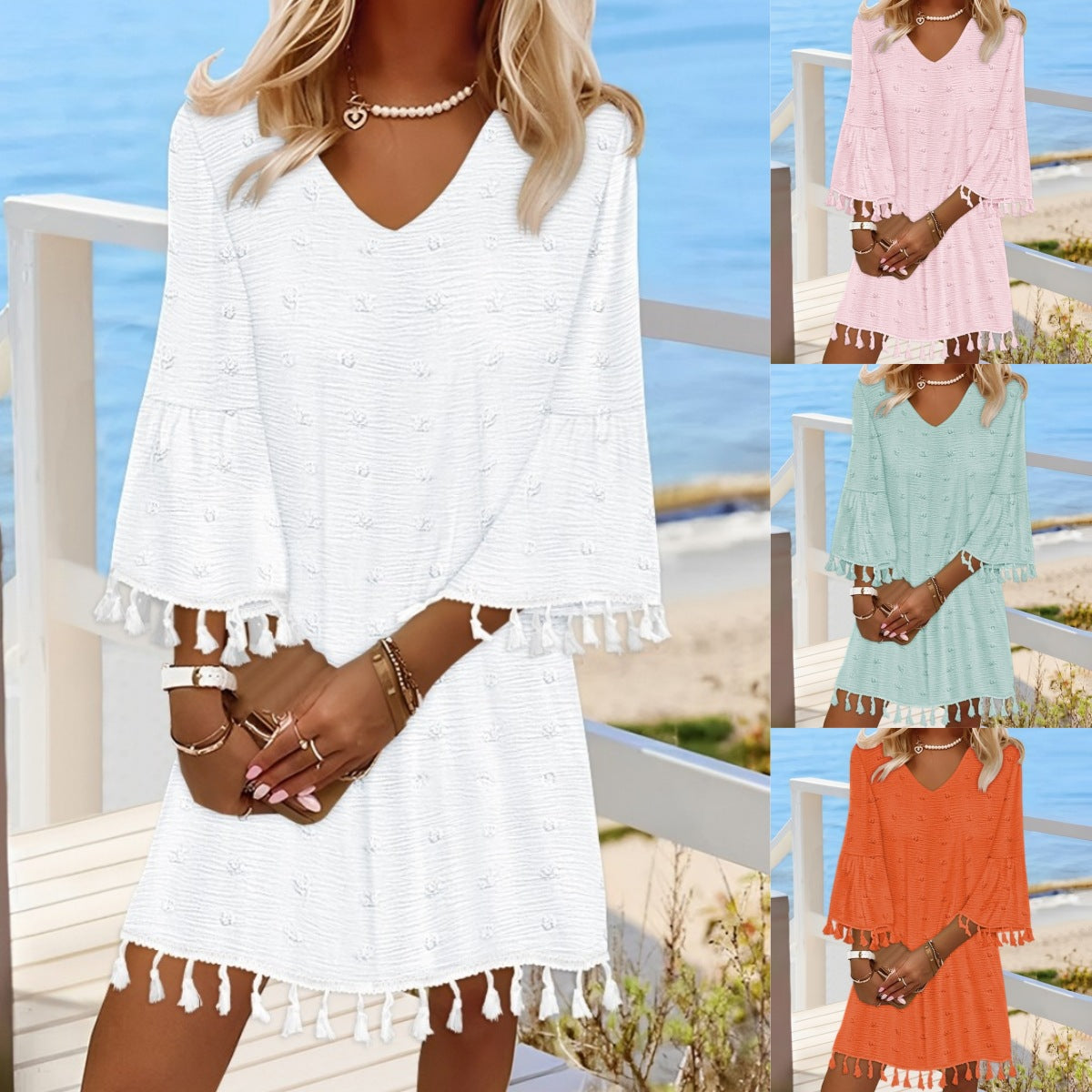Damen Strandkleid mit elegantem V-Ausschnitt und dekorativen Fransen R&B