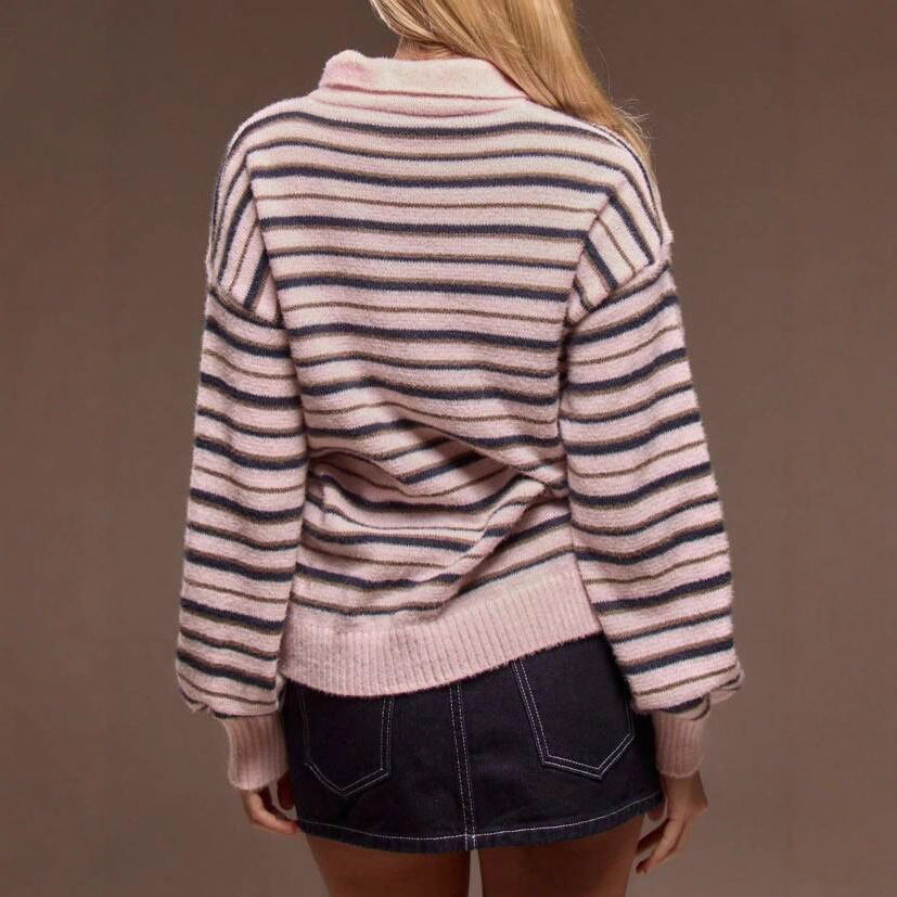 Damen gestreifter Pullover mit Polokragen R&B