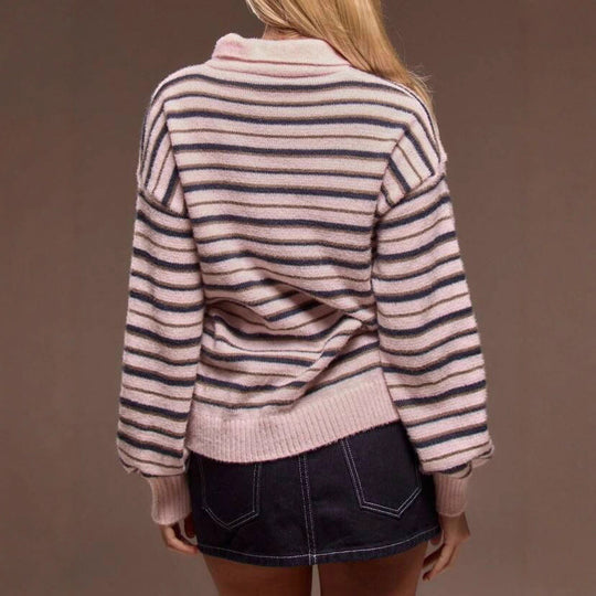 Damen gestreifter Pullover mit Polokragen R&B