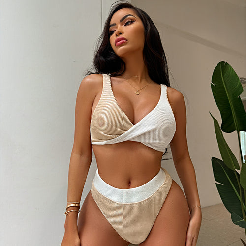 Damen Hochwertiges Ripp-Bikini-Set mit überkreuztem Oberteil R&B