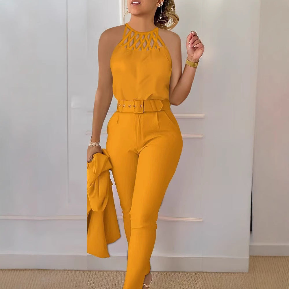 Damen Eleganter Jumpsuit mit schickem Gürtel und raffiniertem Cut-Out R&B