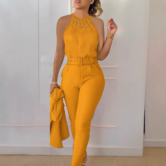 Damen Eleganter Jumpsuit mit schickem Gürtel und raffiniertem Cut-Out R&B