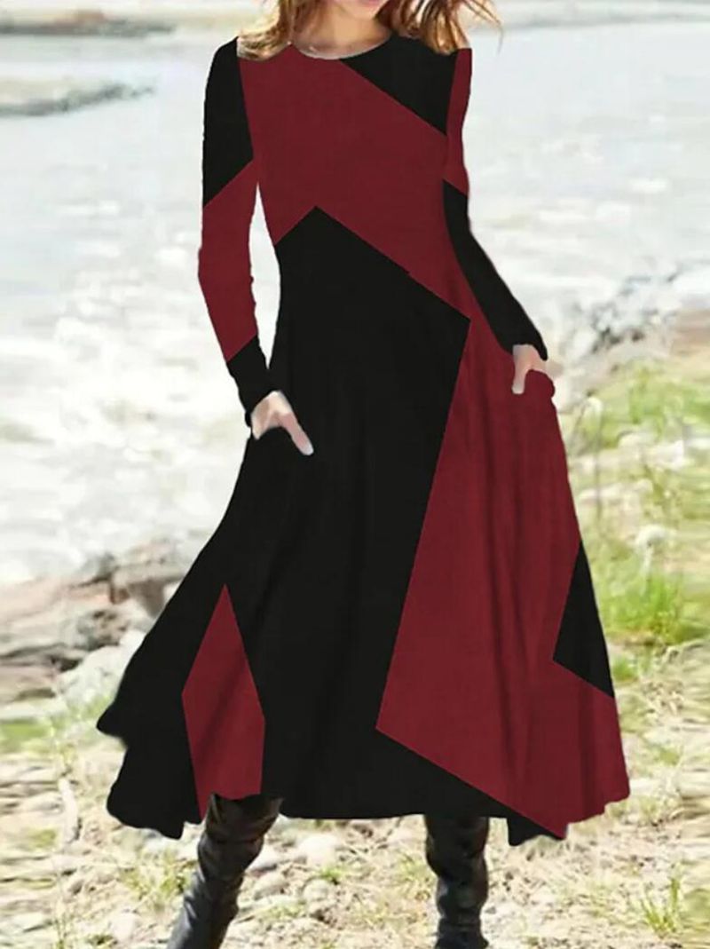 Damen nan geometrisches Maxikleid mit langen Ärmeln, A-Linien-Schnitt und seitlichen Eingrifftaschen R&B