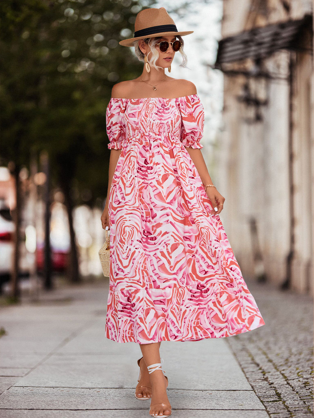 Damen Off-Shoulder Maxikleid mit floralen Akzenten und elastischer Taillierung R&B