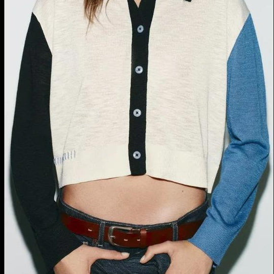 Damen modische Strickjacke mit farblich abgesetzten Ärmeln und Knopfverschluss R&B