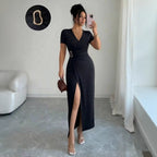 Damen nan figurbetontes Wickel-Midikleid mit V-Ausschnitt, Taillenring und hohem Beinschlitz R&B